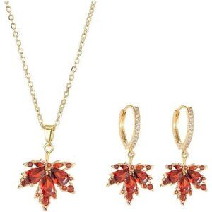 Dainty Gold Maple Leaf Necklace Dangle Hoop Earrings for Women‎ Crystal Fall